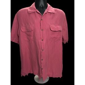 Tommy Bahama Men’s Pink Linen Silk Shirt - Hibiscus Embroidered Button-Up Size L